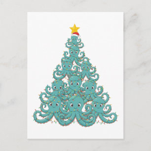 Carte Postale Sapin de Noël Pieuvre Chapeau de Père Noël Lumière