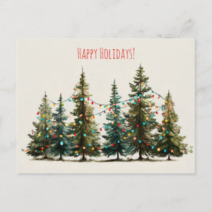 Carte Postale sapins de Noël décorés de guirlandes colorées,