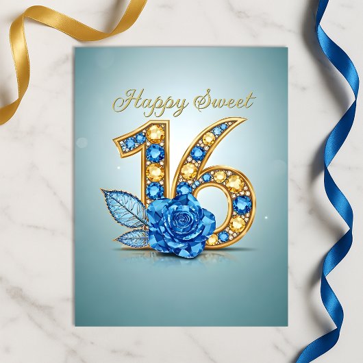 Carte Postale Sapphire bleu cristal Rose or doux 16