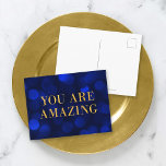 Carte Postale Sapphire Blue Bokeh Lights Or Vous Êtes Extraordin<br><div class="desc">Carte postale de motivation chic avec les mots "You Are Extraordinaire" en faux feuille d'or contre un saphir bleu bokeh illumine l'arrière - plan motif. Pour ajouter du texte à la carte, cliquez sur le bouton "Personnaliser". *Veuillez noter que le filigrane Zazzle qui apparaît dans l'aperçu du zoom n'apparaîtra PAS...</div>