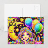 Carte Postale SARAH ~ ANNIVERSAIRE ~ Fille arc-en-ciel 3D ~ (Devant / Derrière)