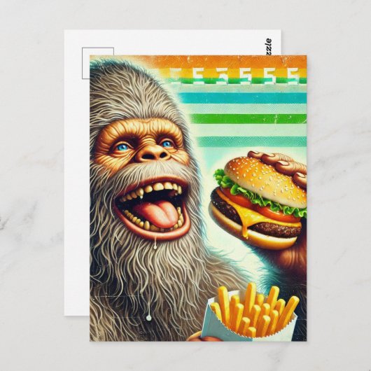 Carte Postale Sasquatch Cheeseburger et Fries Retro (Devant / Derrière)