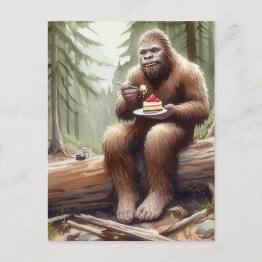 Carte Postale Sasquatch dans la forêt de mossy avec un cheesecak (Devant)