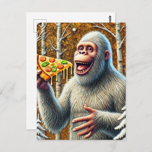Carte Postale Sasquatch et Pizza dans une forêt de bouleaux (Devant / Derrière)