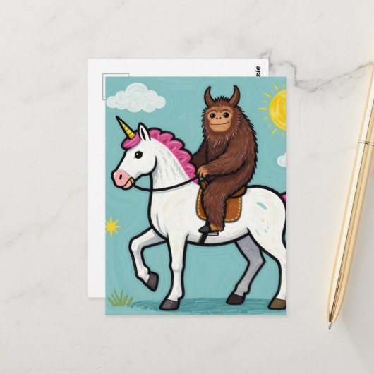 Carte Postale Sasquatch et une licorne (Devant/Arrière en situation)