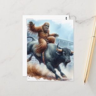 Carte Postale Sasquatch Rides Bull dans Rodeo Aquarelle