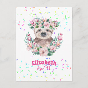 Carte Postale Saupoudrer SLOTH Boho Girls Pink Flowers Cadeaux m