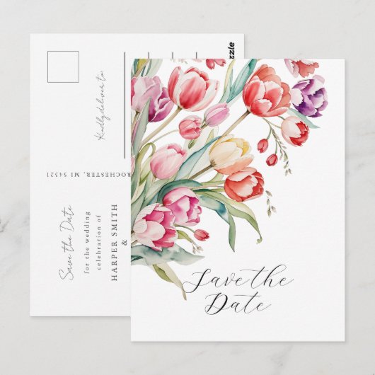Carte Postale Sauvez la date des tulipes d'aquarelle de mariage (Devant / Derrière)