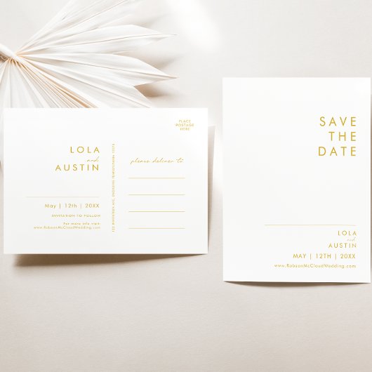 Carte postale "Save The Date" à police dorée minim