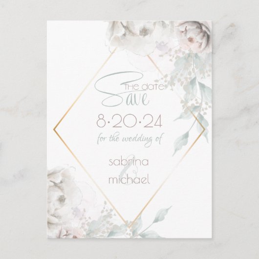 Carte Postale Save the date | Albâtre Peonies d'aquarelle blanch (Devant)