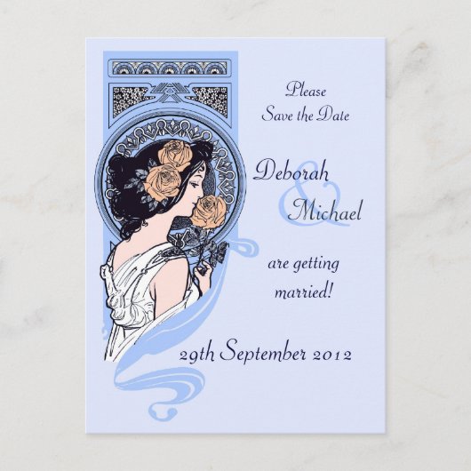 Carte postale "Save the Date" art nouveau bleu (Devant)