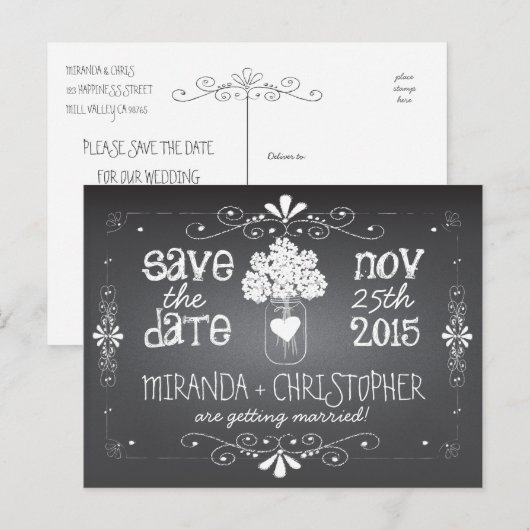 Carte postale 'Save the Date' avec pot Mason et ta (Devant / Derrière)