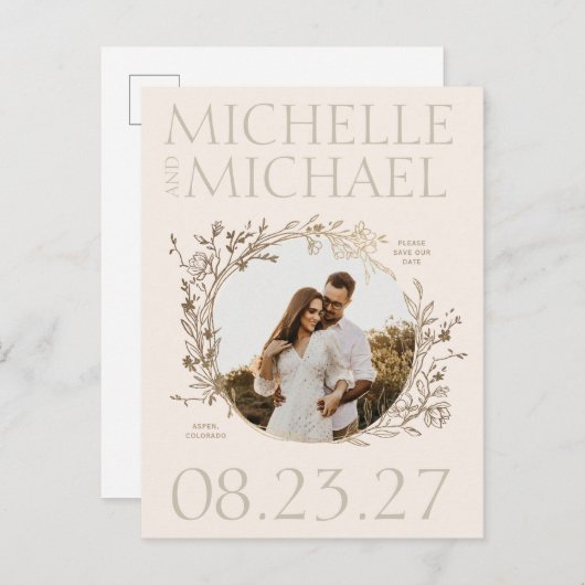 Carte postale "Save The Date" avec une bordure flo (Devant / Derrière)