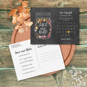 Carte Postale Save the Date Calendar Heart Mason Jar Chalkboard