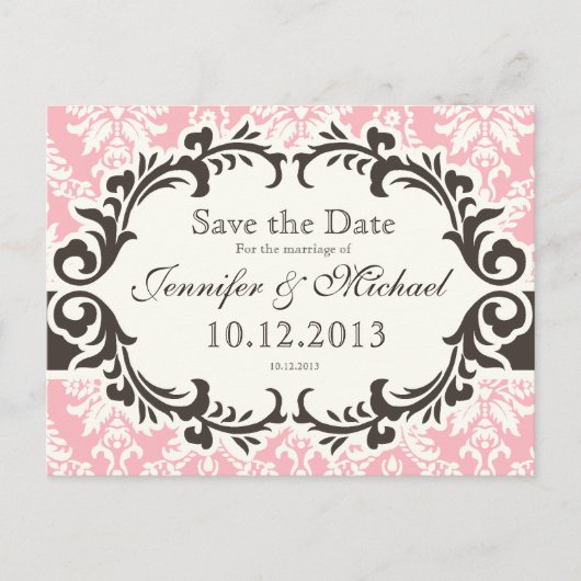 Carte postale Save the Date Damassé Rose (Devant)