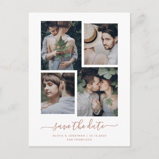 Carte Postale Save the date | Faux Rose Gold Four Photo Collage (Devant)