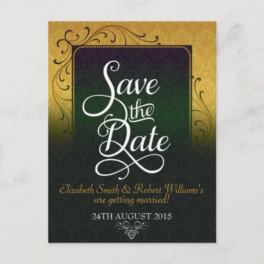 Carte postale "Save the Date" Golde Green Damask E (Devant)