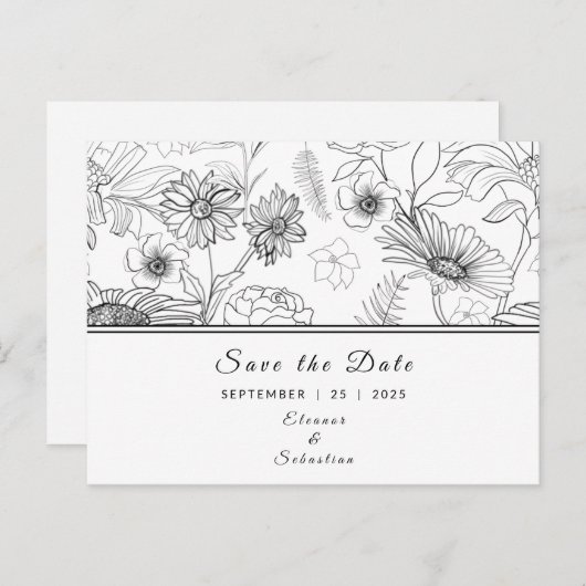 Carte Postale "Save the Date" noir & blanc motif de fleur margue (Devant / Derrière)