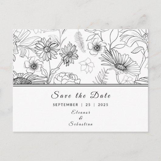 Carte Postale "Save the Date" noir & blanc motif de fleur margue (Devant)