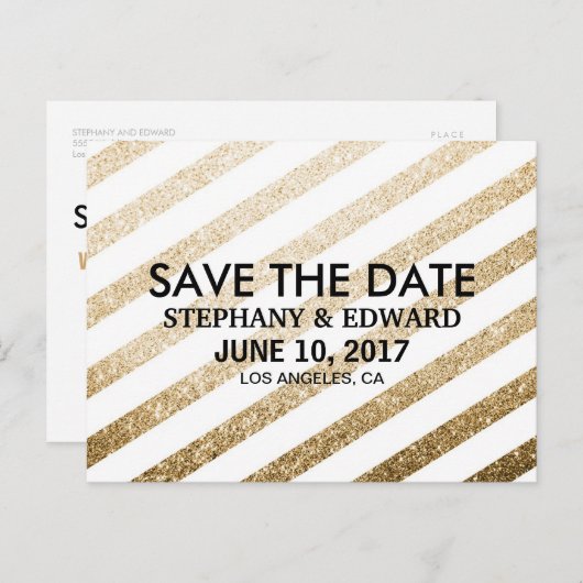Carte postale "Save the Date" pailletée faux or él (Devant / Derrière)