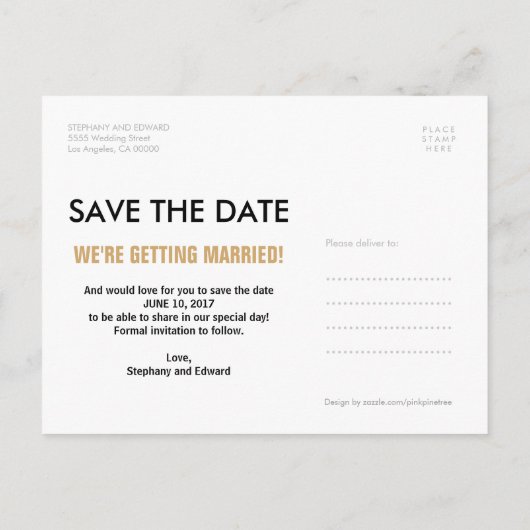 Carte postale "Save the Date" pailletée faux or él (Dos)