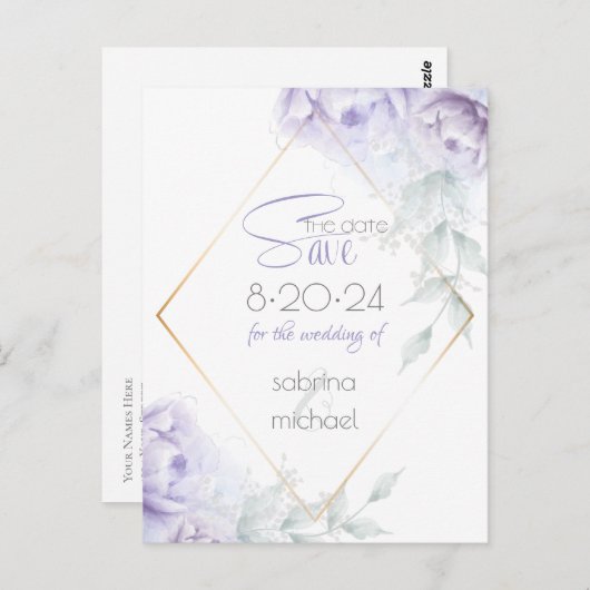 Carte Postale Save the date | Pale Lilac Aquarelle Peonies (Devant / Derrière)