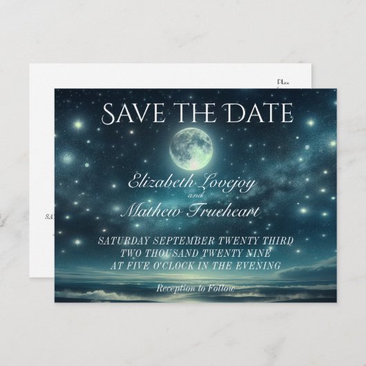 Carte Postale "Save the date" pour mariage | Bleue Lune étoilée (Devant / Derrière)