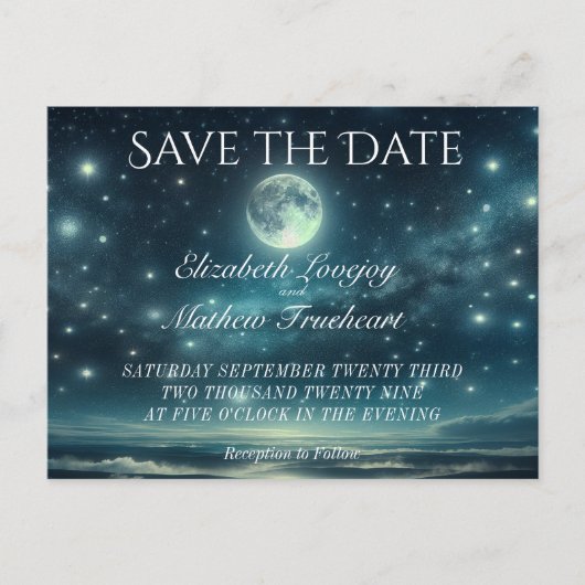 Carte Postale "Save the date" pour mariage | Bleue Lune étoilée (Devant)