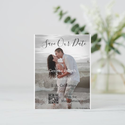 Carte Postale Save the date simple minimal QR scan code details (Debout devant)