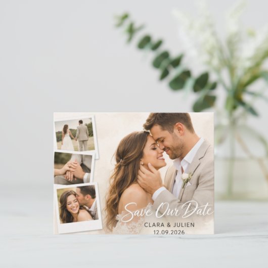 Carte Postale Save the Date Wedding Card Modern Script | 4 Photo (Debout devant)