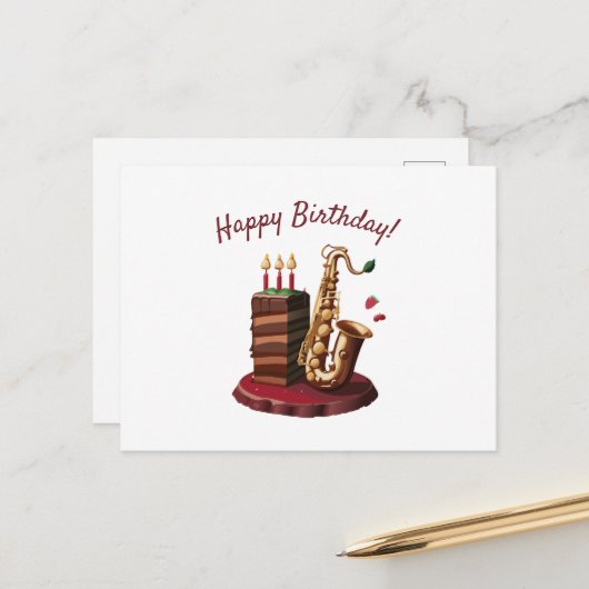 Carte Postale Saxaphone Chocolat gâteau d'anniversaire (Devant/Arrière en situation)