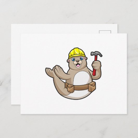 Carte Postale Sceau comme charpentier avec marteau et chapeau (Devant / Derrière)