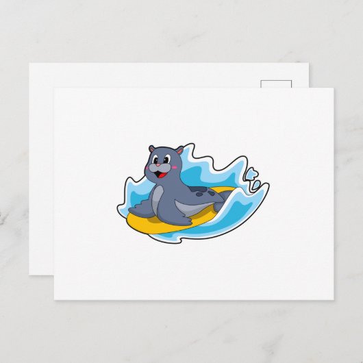 Carte Postale Sceau comme surfeur avec Surfboard (Devant / Derrière)