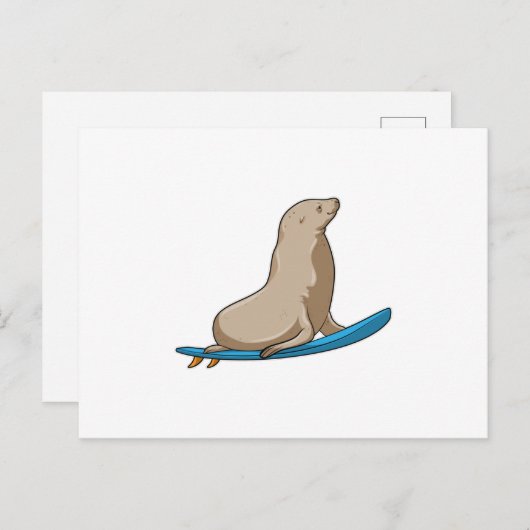 Carte Postale Sceau comme surfeur avec Surfboard (Devant / Derrière)