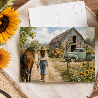 Carte Postale Scène de campagne à l'aquarelle Cheval Grange rust