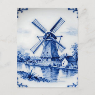 Carte Postale Scène de canal classique avec moulin à vent bleu d