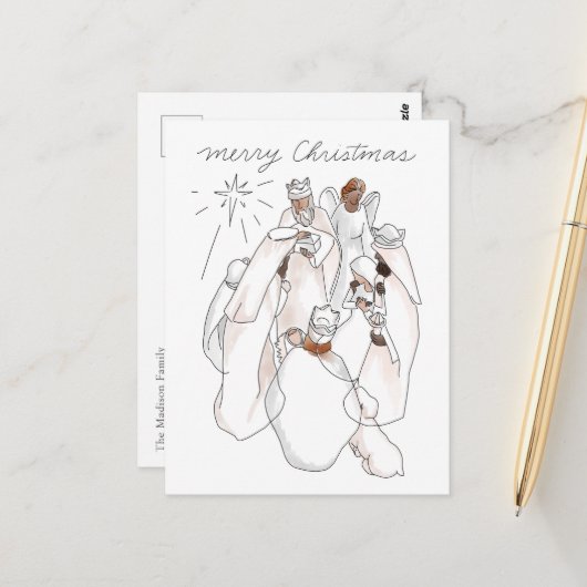 Carte Postale Scène de Nativité de l'aquarelle moderne avec text (Devant/Arrière en situation)