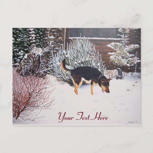 Carte Postale Scène de neige hivernale avec un chien noir et feu (Devant)