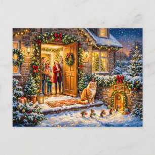 Carte Postale Scène de porte de Noël de chat et de souris