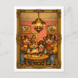 Carte Postale Scène de Saloon de Chats Cowboy Occidental Heureux