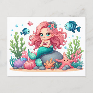 Carte Postale Scène de sirène fantaisiste et mignonne avec des a