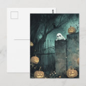 Carte Postale Scène d'Halloween avec fantôme et chat (Devant / Derrière)