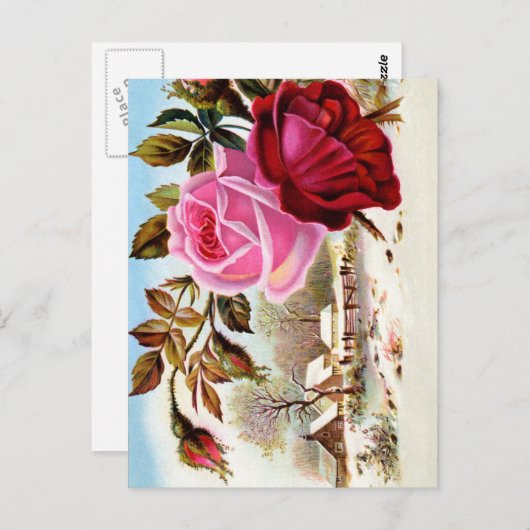 Carte Postale Scène d'hiver et fleurs (Devant / Derrière)