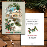 Carte Postale Scène d'hiver rustique Vintage et pittoresque<br><div class="desc">Charmante vignette d'hiver vintage et nostalgique avec scène d'hiver rustique,  fermier ramenant un sapin de Noël à son chalet enneigé bordé par un saint festif. Le dossier contient des graphiques complémentaires et des champs de texte modifiables.</div>
