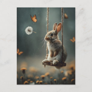 Carte Postale Scène fantaisiste d'un adorable bébé lapin sur une