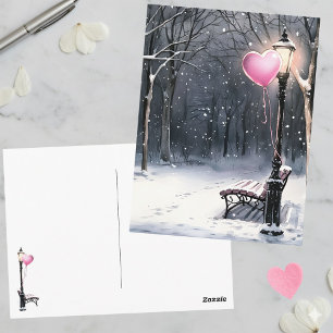 Carte Postale Scène hivernale Ballon en forme de cœur rose Saint