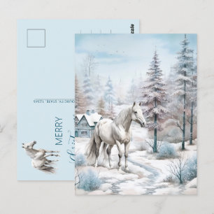 Carte Postale Scène hivernale de cheval neige forêt Noël