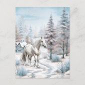 Carte Postale Scène hivernale de cheval neige forêt Noël (Devant)