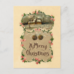 Carte Postale Scène hivernale vintage avec frontière florale