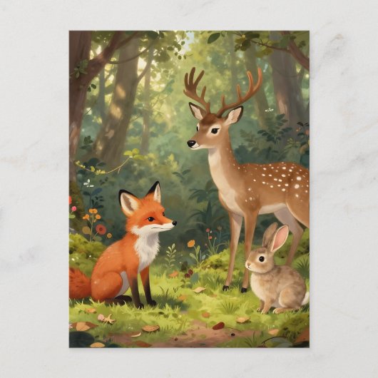 Carte Postale Scène mignonne d'animaux de la forêt (Devant)